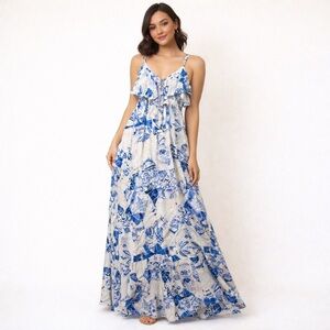 Suboo 100% Silk Maxi Dress Floral Blue White Pink Criss Cross Women's size M/L